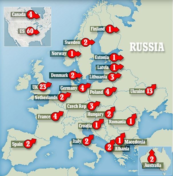 خريطة طرد الدبلوماسيين الروس