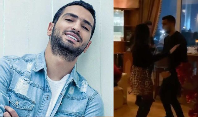  محمد الشرنوبى يرقص مع خطيبته على "رايحين نسهر" بحفل عيد ميلاده