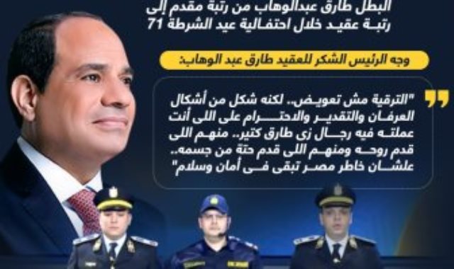 الرئيس السيسى يصدق على ترقية البطل طارق عبد الوهاب لرتبة عقيد