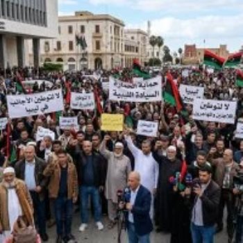 صورة مولدة بالذكاء الاصطناعى لاحتجاجات مواطنين ليبيين على توطين الأجانب