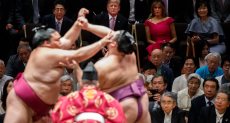 ترامب ورئيس وزراء اليابان يشاهدان مصراعة السومو